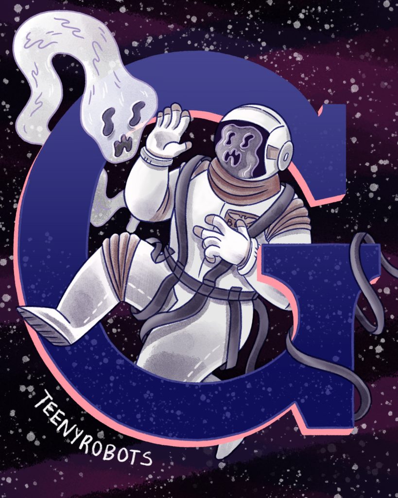 an astronaut and a ghost tangled in the letter G